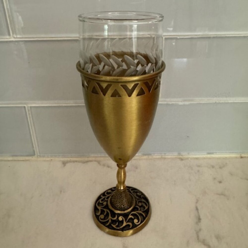Vintage Oppenheim Israel Brass KIDDUSH cup. Judaica. Shabbat. Glass insert.